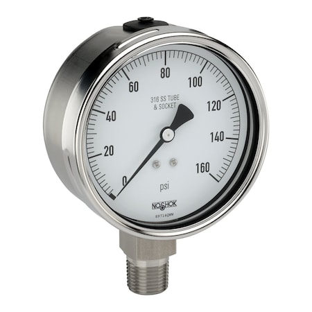 NOSHOK Pressure Gauge, 2.5" 304SS Case, 316SS Internals, 100 psi, 1/4 NPT Male Back Conn, Glycerin Filled, Safety Glass Lens 25-510-100-psi-SG